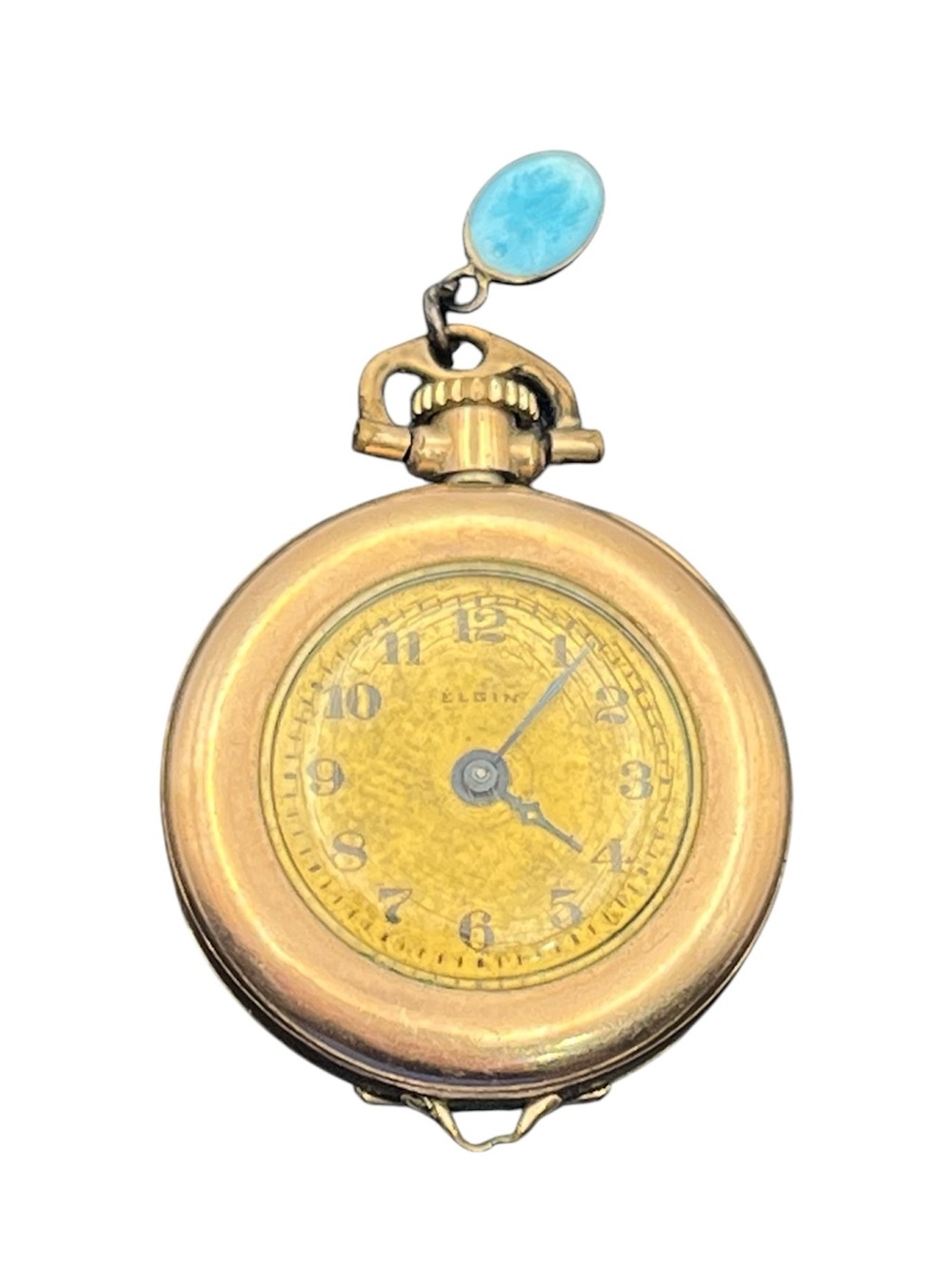 Elgin gold filled vintage pocket watch engraved name & religious blue charm